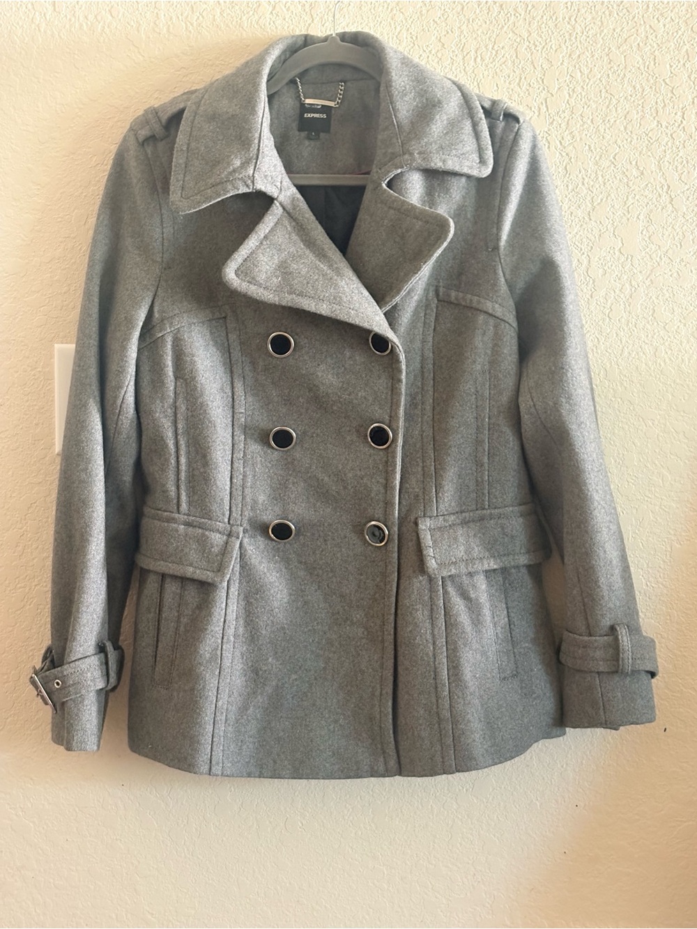 Express Double-Breasted Gray Wool Blend Peacoat